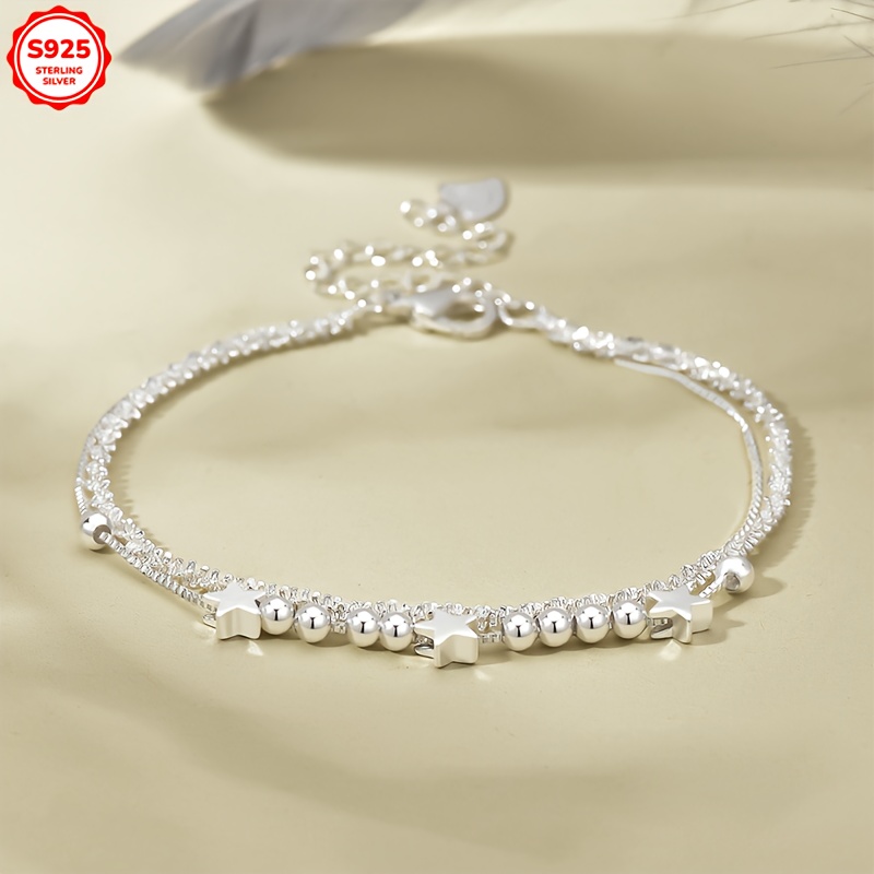 925 Silver Star & Bead Bracelet Low Allergy Anti Tarnish Valentine's Gift